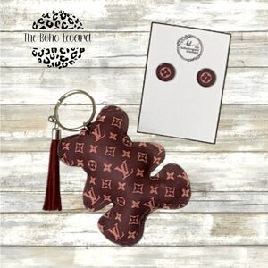 Handmade Faux Leather Teddy Bear Keychain/bag charm with earrings